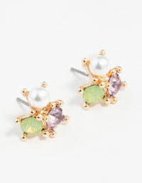 Gold Multi Stone Cluster Pearl Earrings - link has visual effect only