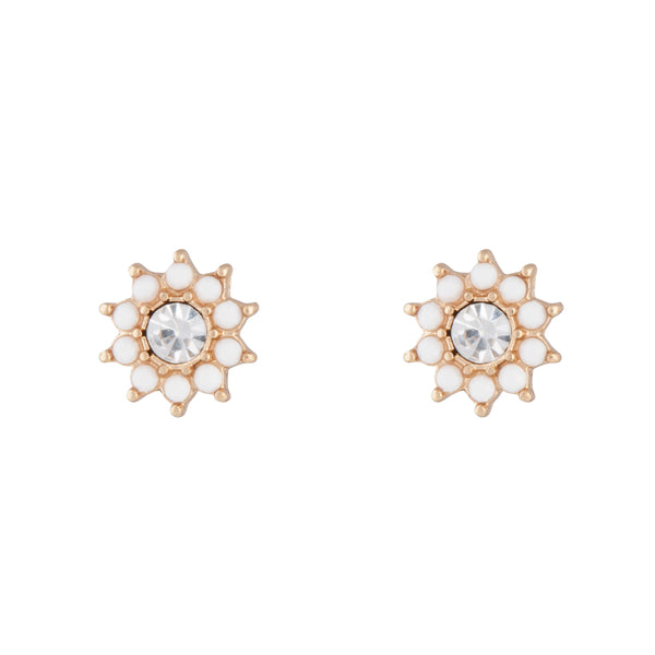 Gold White Flower Diamante Stud Earrings