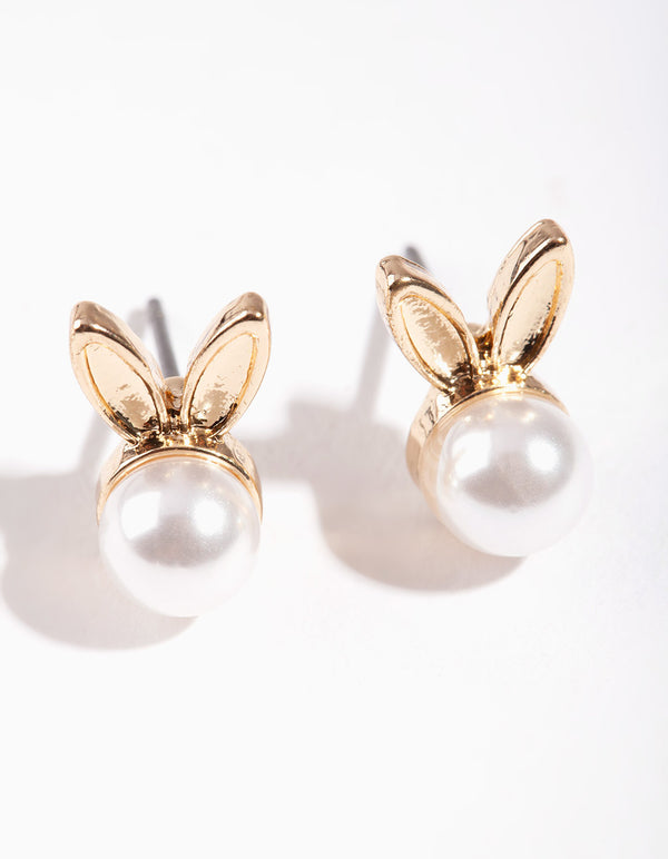 Gold & Pearl Bunny Stud Earrings