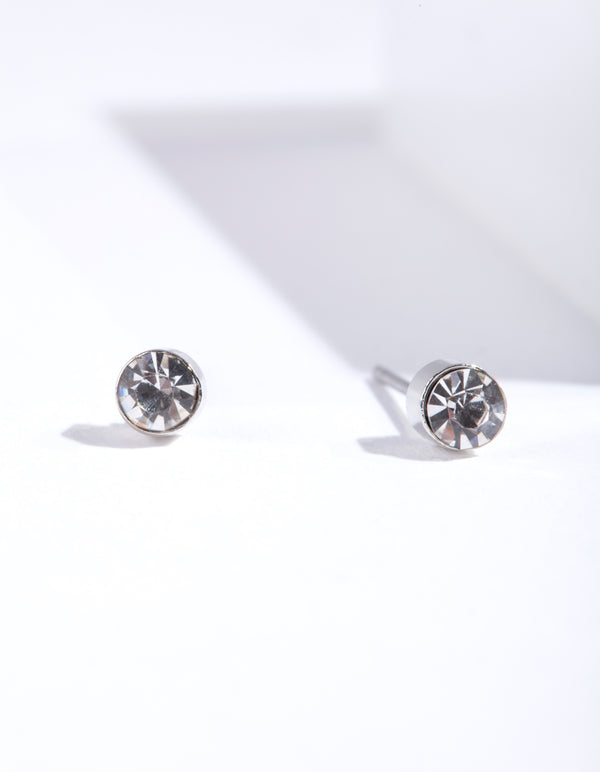 Rhodium 2MM Diamante Stud Earrings