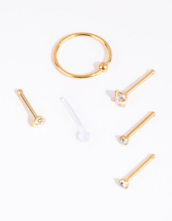 Gold Surgical Steel Mix Stud Ring Nose 6-Pack