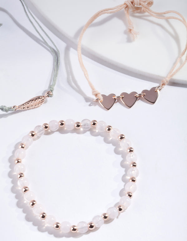 Rose Gold Leaf Heart & Bead Bracelet Pack