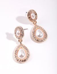 Rose Gold Mini Diamante & Pearl Double Teardrop Earrings - link has visual effect only