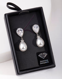 Rhodium Diamond Simulant Pearl Drop Earring - link has visual effect only