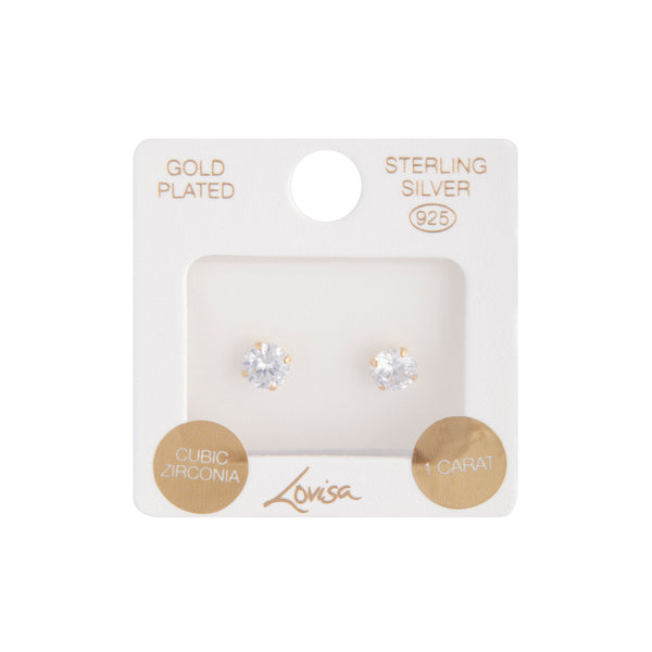 Gold Plated Sterling Silver 1 Carat Cubic Zirconia Stud Earrings