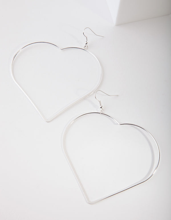 Silver Large Heart Drop Hoop Earring