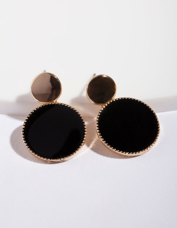 Gold Black Circle Drop Earrings