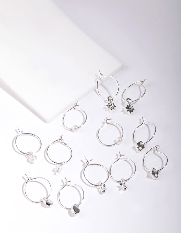 Silver Multi Hoop With Charm Earring 6-Pack