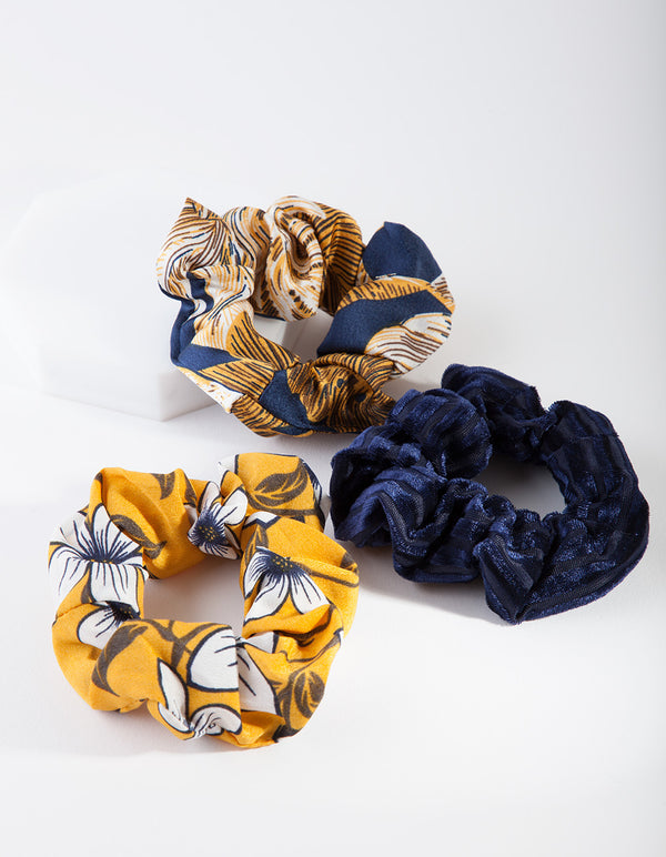 Navy Mustard Floral Scrunchie Pack