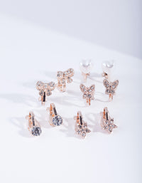 Kids Rose Gold Diamante Star Butterfly Heart & Bow Clip On Earring 5-Pack - link has visual effect only