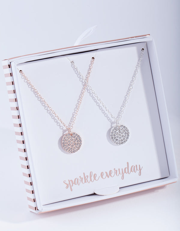 Mixed Metal Pave Disc Necklace Gift Box