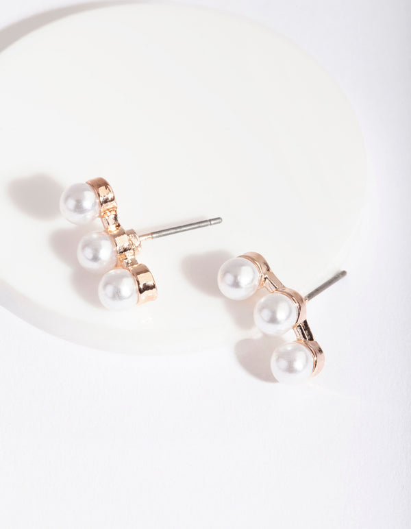 Rose Gold 3 Pearl Crawler Stud Earrings