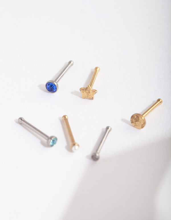 Mix Metal Sapphire Star Nose Stud 6-Pack