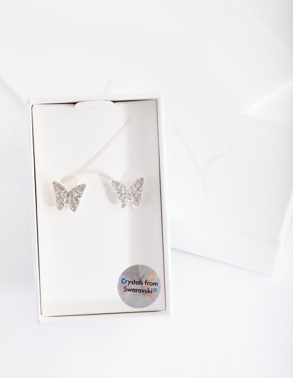 Silver Diamond Simulants Diamante Butterfly Stud Earrings