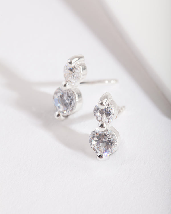 Silver Cubic Zirconia Double Stone Earrings