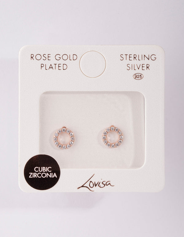 Rose Gold Plated Sterling Silver Pave Open Circle Stud Earrings