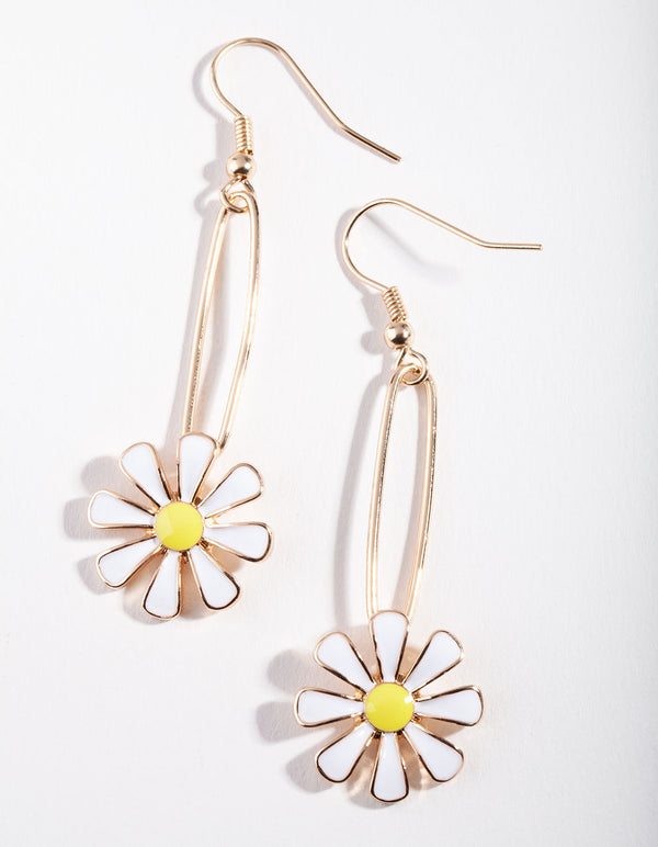 Gold Oval Daisy Drop Earrings