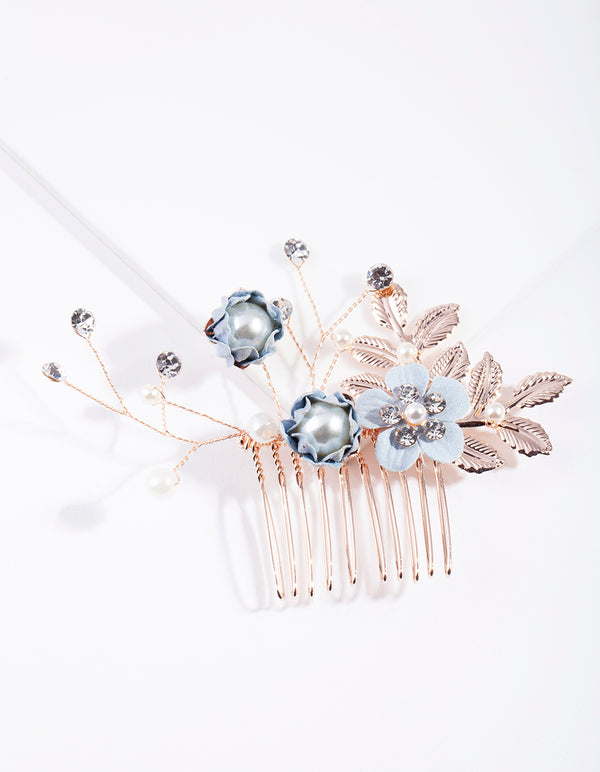 Blue Rose Gold Fabric Flower Comb