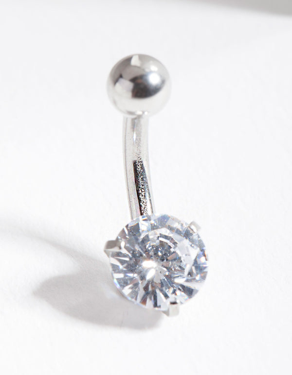 Surgical Steel Rhodium Cubic Zirconia Belly Bar