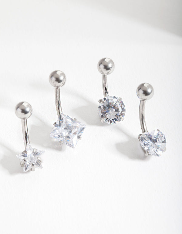 Surgical Steel Cubic Zirconia Belly Bar 4-Pack