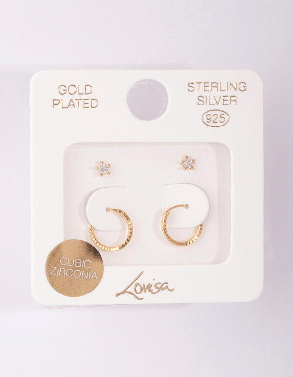 Gold Plated Sterling Silver Star Stud Hoop Earring Pack