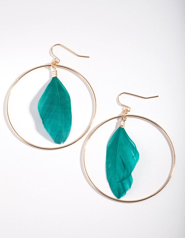 Gold Green Feather Hoop Drop Earrings