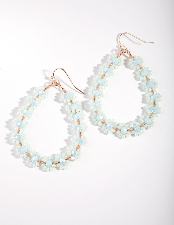 Gold Blue Delicate Flower Teardrop Hoop Earrings