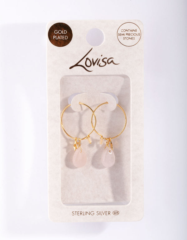 Gold Plated Sterling Silver Rose Quartz Celestial Charm Hoop Earrings