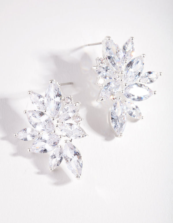 Silver Cubic Zirconia Navette Stud Earrings