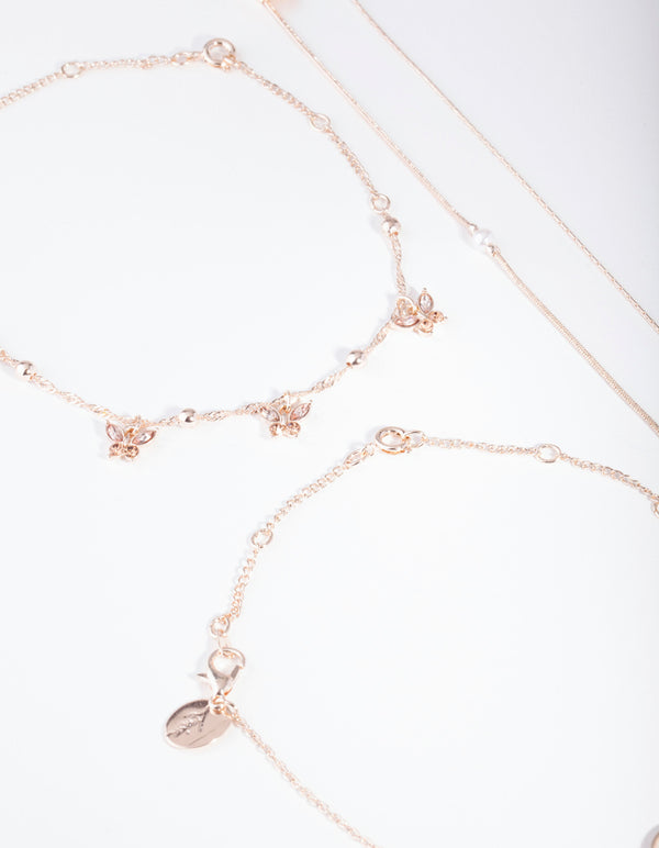 Rose Gold Butterfly Anklet & Bracelet 4 4-Pack Set