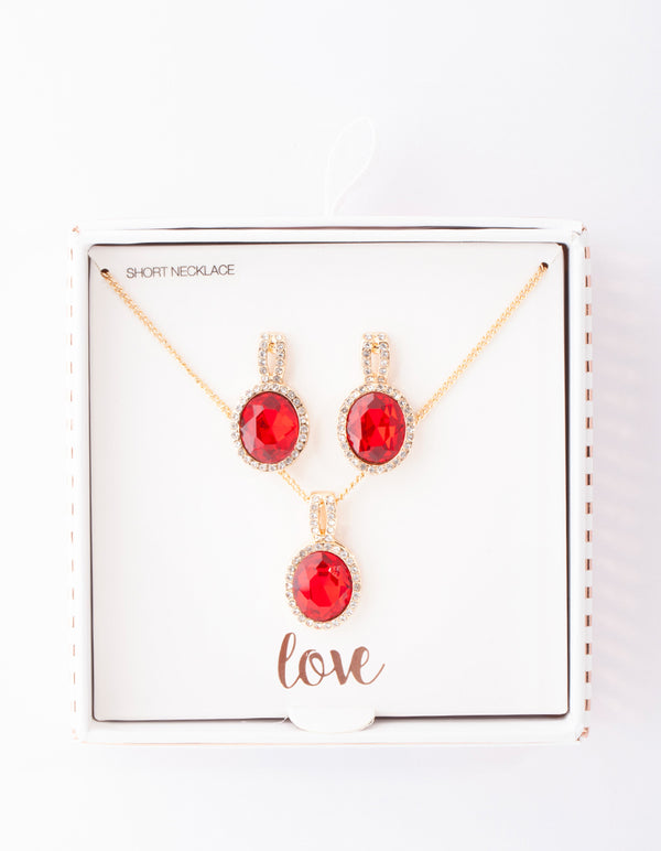 Gold Red Halo Necklace & Earrings Set