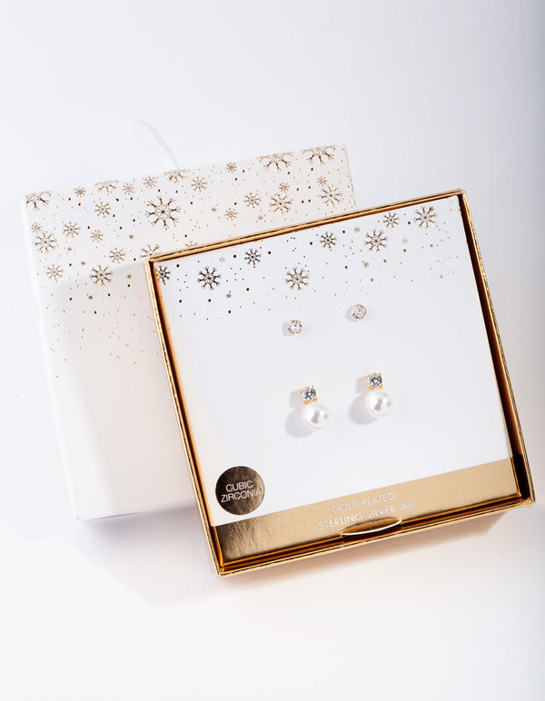 Gold Plated Sterling Silver Cubic Zirconia Pearl Stud Earring Pack