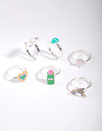 Kids Silver Skull & Cow Rainbow Ring 6-Pack - link has visual effect only