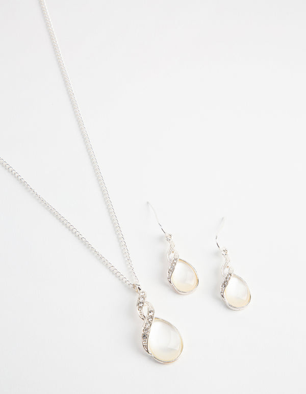 Silver Teardrop Cat Eye Necklace & Earrings Set