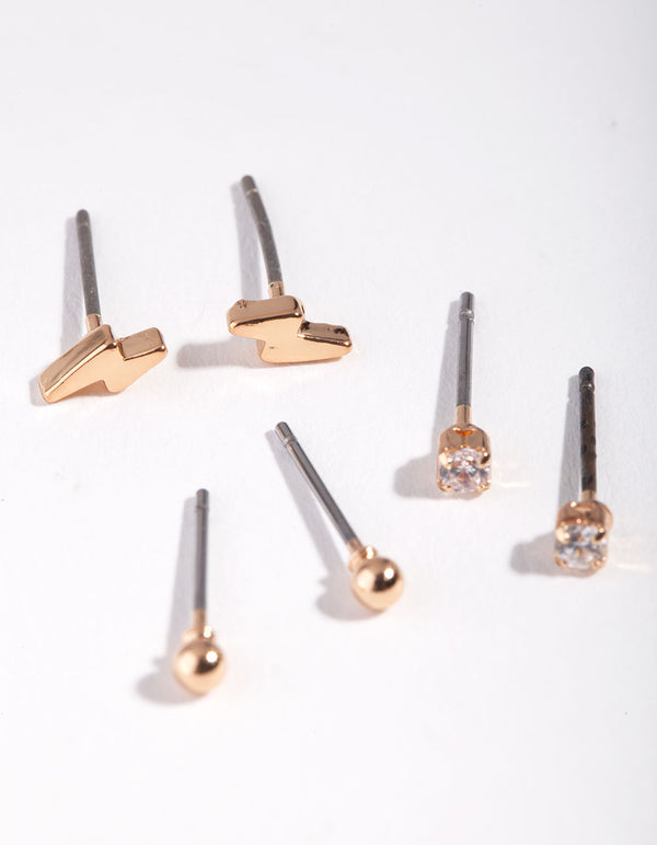 Gold Lightening Bolt & Diamante Stud Earring Pack