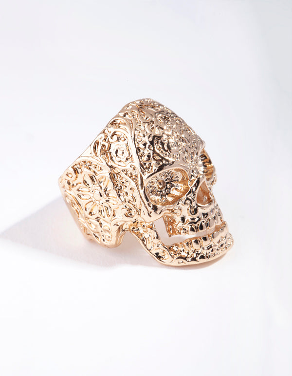 Gold Ornate Skull Ring