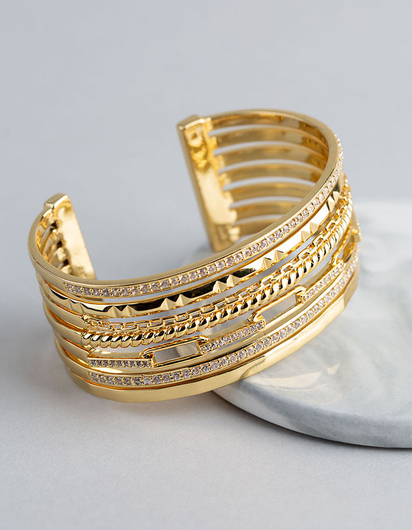 18ct Gold Plated Brass Cubic Zirconia Multi Row Cuff Bracelet