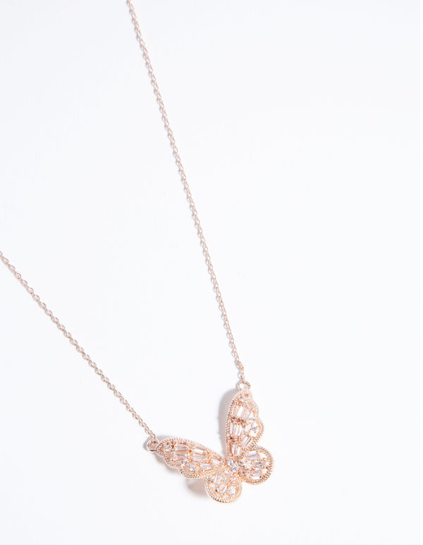 Rose Gold Cubic Zirconia Baguette Butterfly Necklace