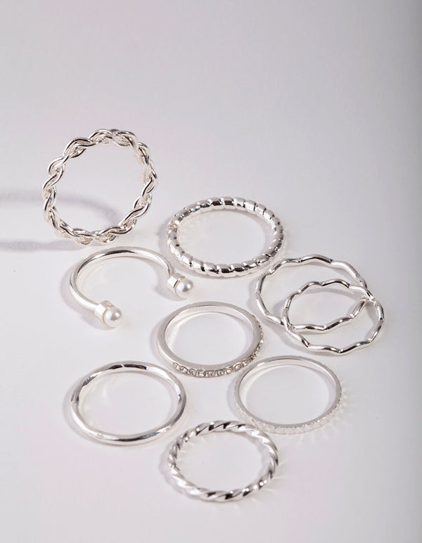 Silver Wave & Pearl Midi 9-Pack Rings