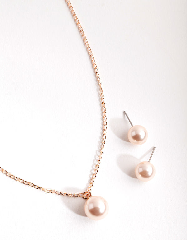 Rose Gold Pink Pearl Earring & Necklace Pack