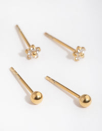 24 Carat Gold Plated Surgical Steel Flower & Ball Pack Stud Earrings - link has visual effect only