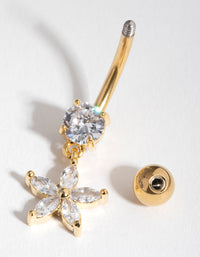 Gold Cubic Zirconia Flower Drop Belly Ring - link has visual effect only