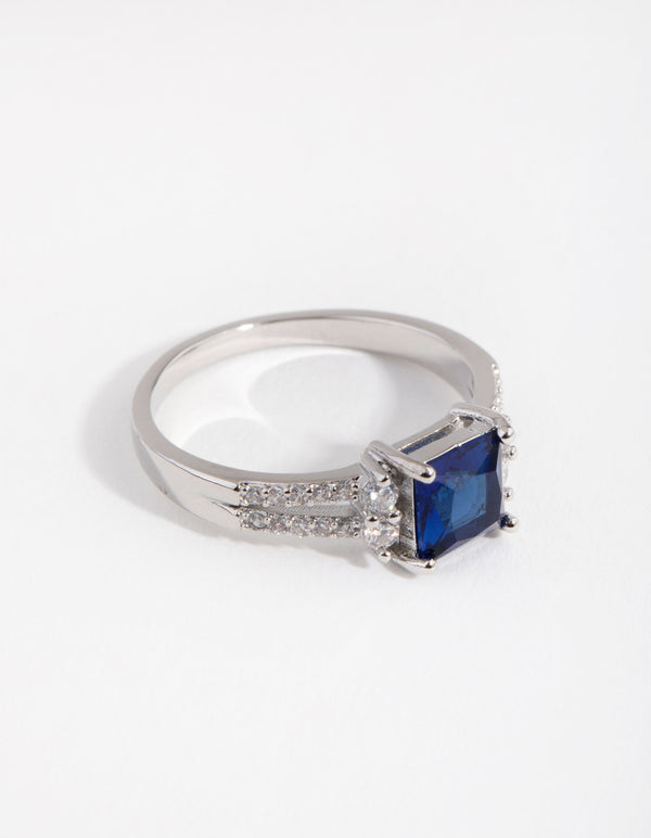 Silver Cubic Zirconia Square Station Double Band Ring