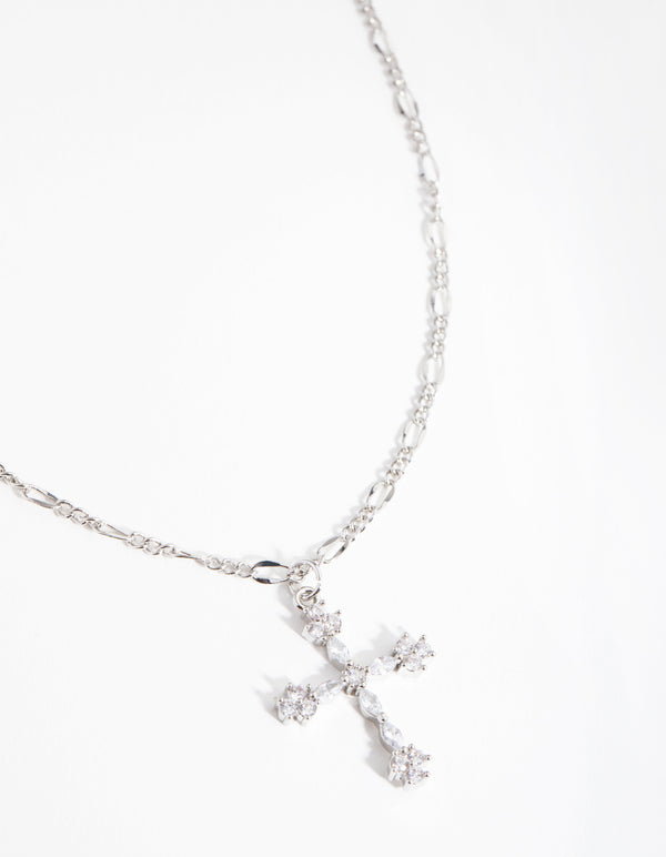 Silver Diamond Simulant Decorated Cross Necklace