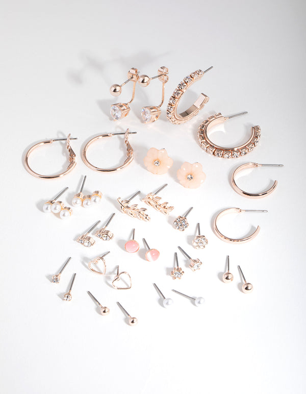 Rose Gold Flower & Pearl 16-Pack Earring