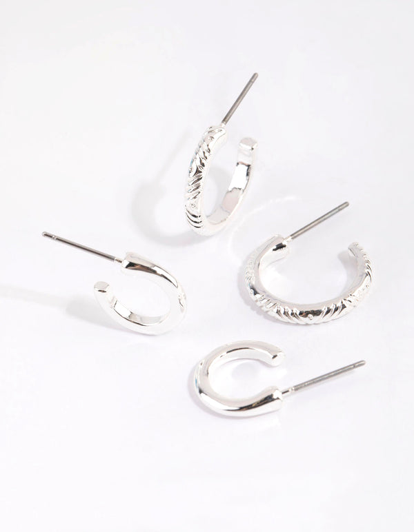 Silver Line Marked Hoop Earring Set