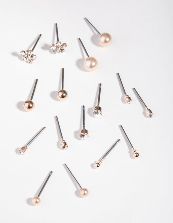 Rose Gold Diamante Flower & Pearl 8-Pack Earring