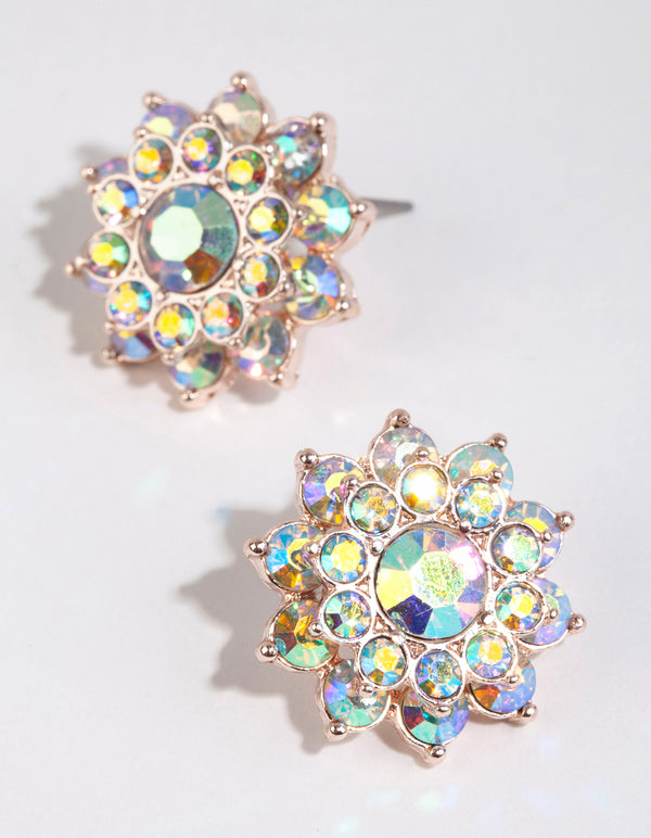 Gold Diamante Flower Stud Earrings