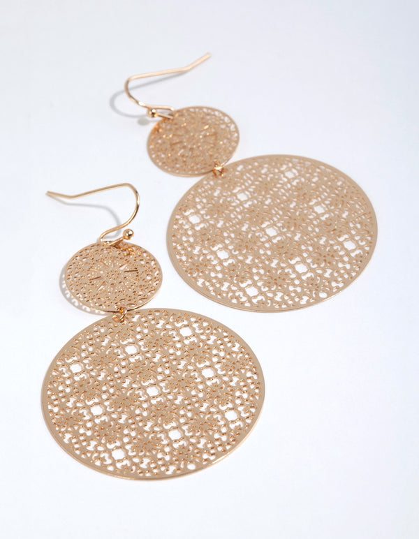 Gold Double Filigree Disc Drop Earrings