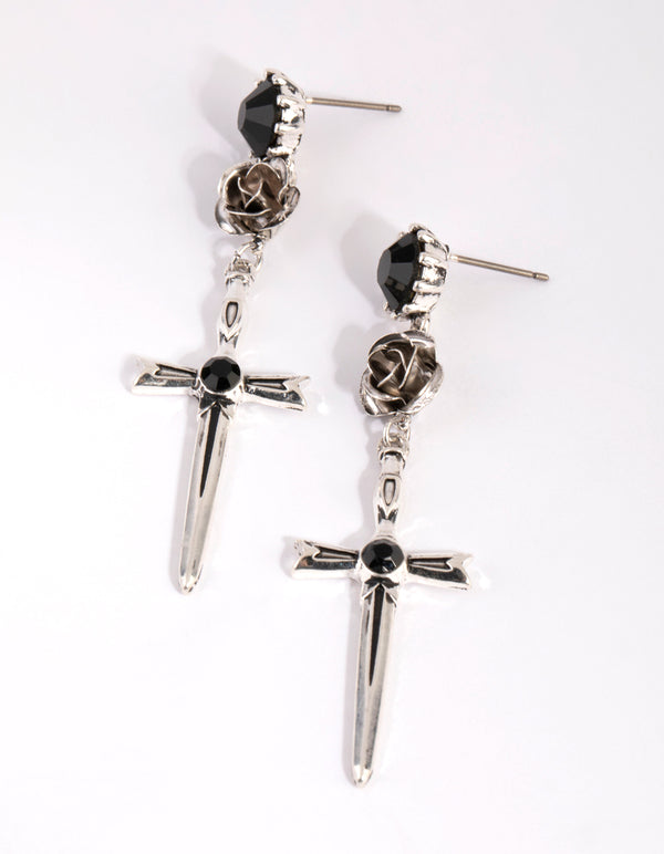 Antique Silver Rose & Sword Drop Earrings